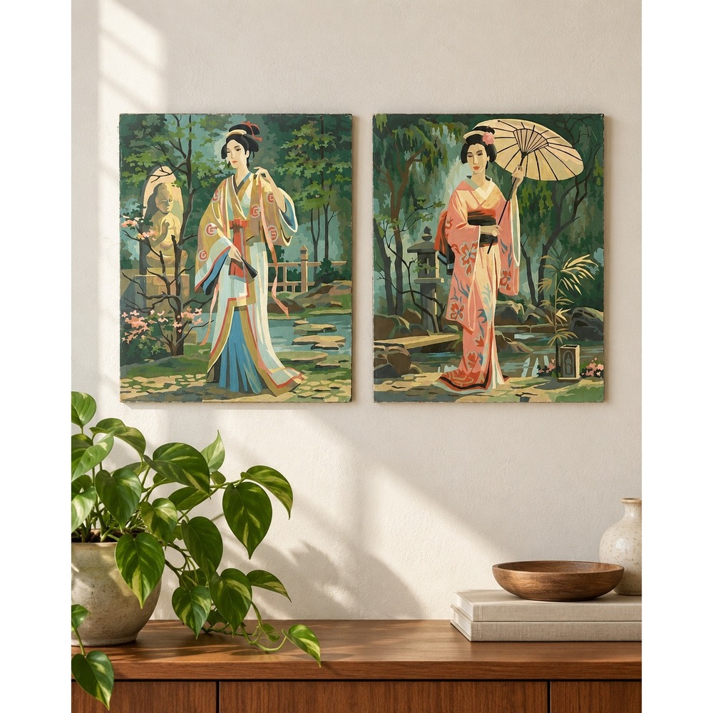 Vintage Large 1962 Paint by Number Pair Japanese Geisha Garden MCM Wall Art